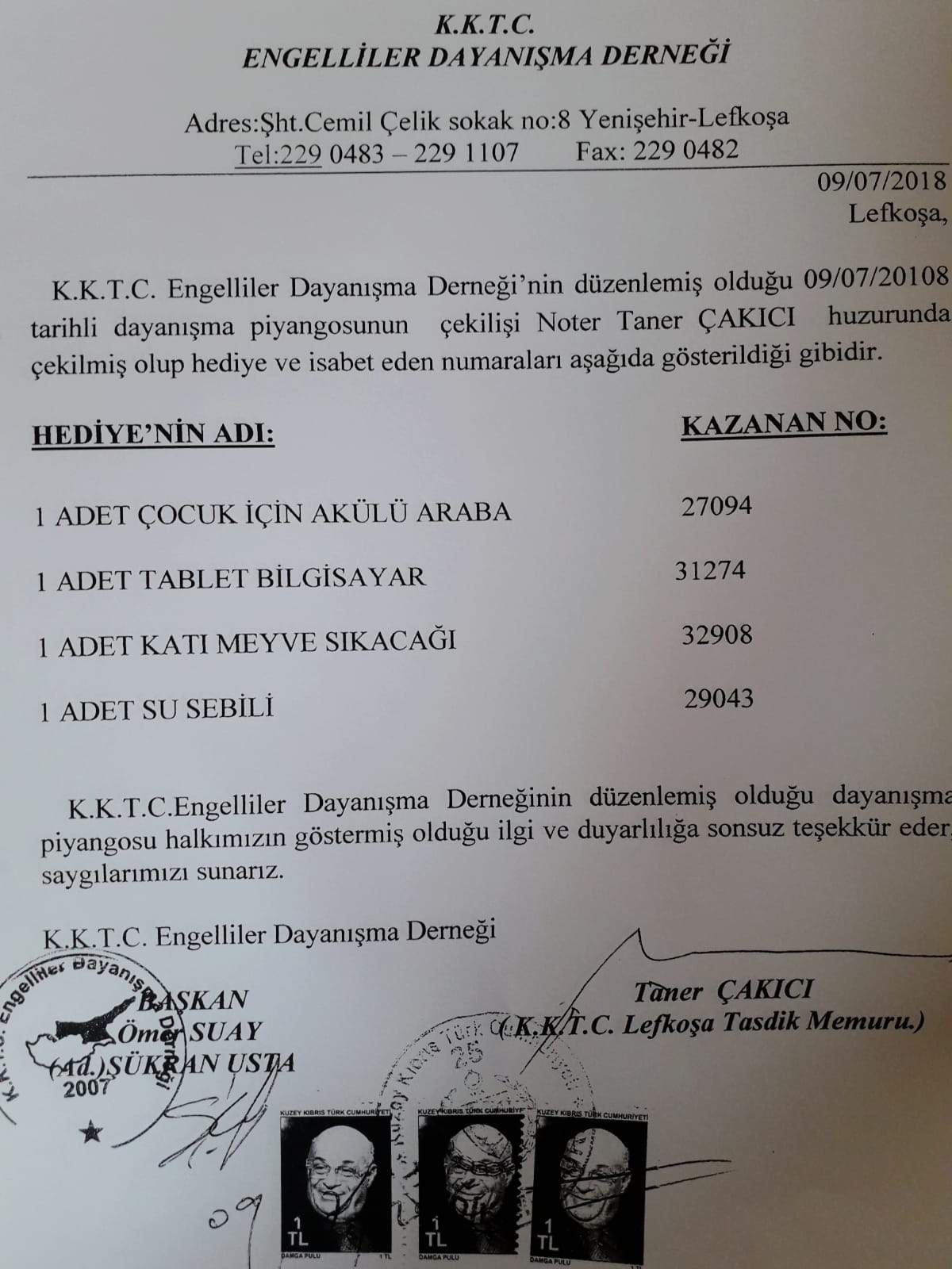 KKTC Engelliler Dayanışma Derneği 27 Temmuz 2020 çekiliş sonuçları